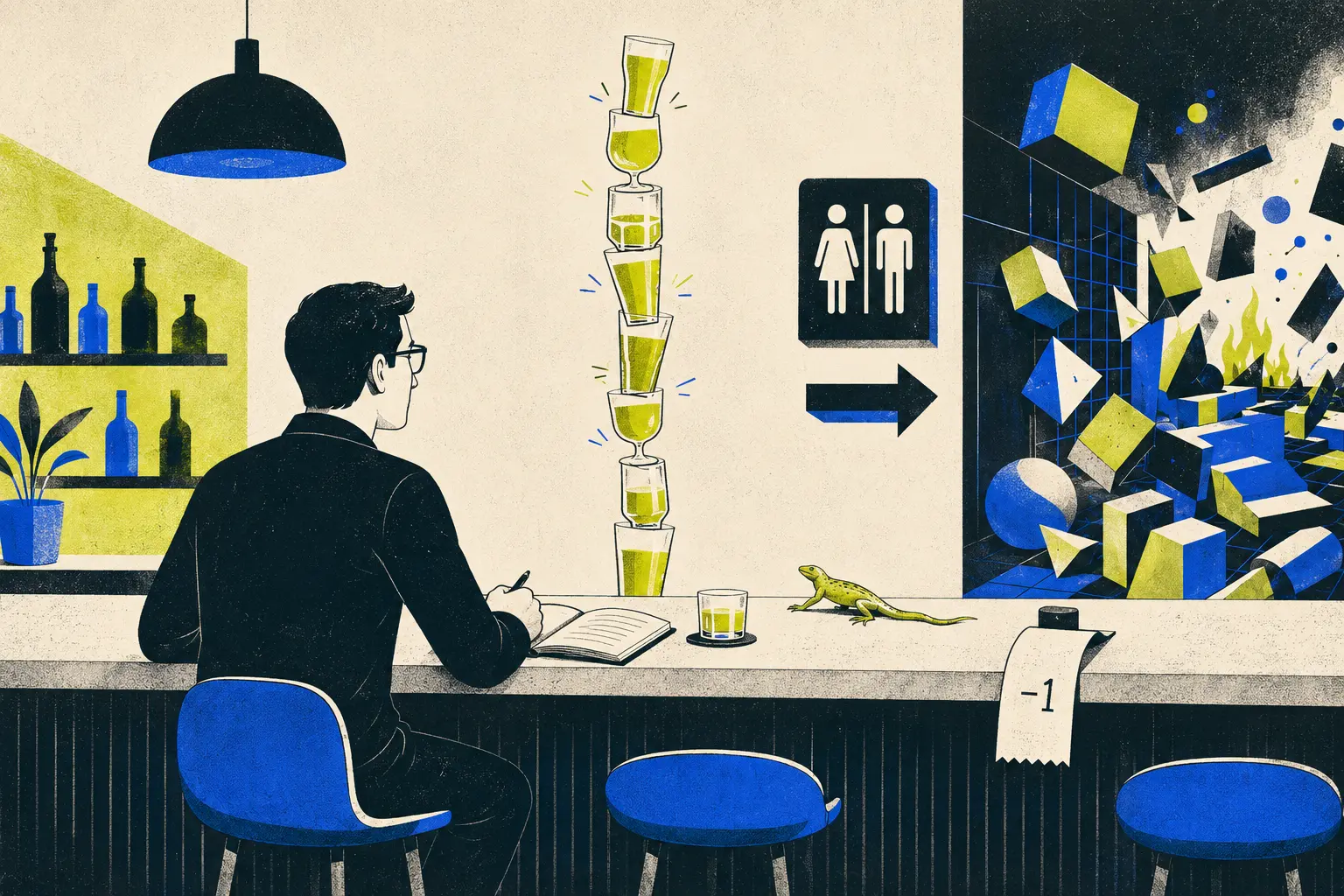 Editorial illustration of a tester at a bar surrounded by increasingly absurd edge cases