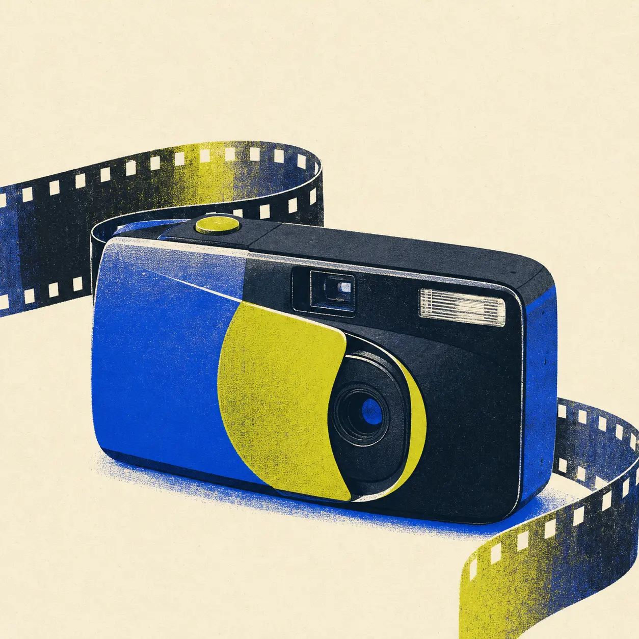 Abstract illustration of a compact film camera and curling strip of 35mm film