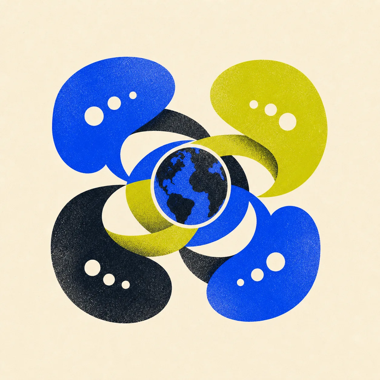 Four abstract speech forms orbiting a globe