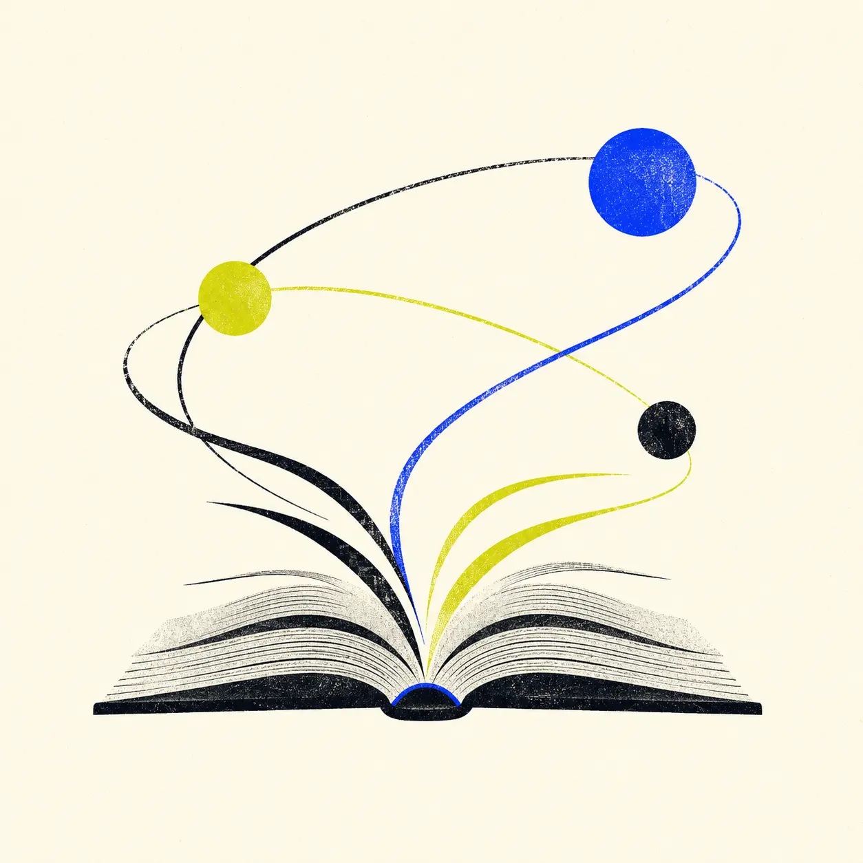 Abstract illustration of an open book transforming into three orbiting celestial bodies